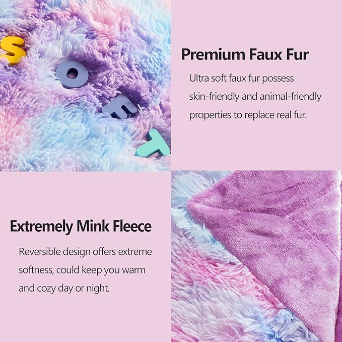 Purple Rainbow Shaggy Faux Fur Queen Blanket – 90"x90" | 1.5" Deep Plush Pile | Magical Whimsical Throw for Queen Beds & Fantasy Bedrooms