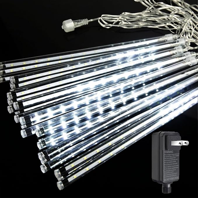 Close-up of 24 white meteor shower light tubes with UL power plug.