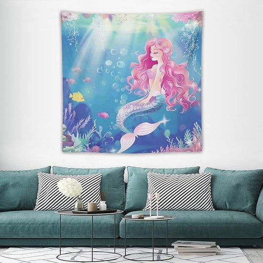 Pink Hair Mermaid Princess Wall Tapestry – 60" x 60" Square Watercolour | Symmetrical Girls Bedroom Kids Room | Wall Hanging Dorm Living Room