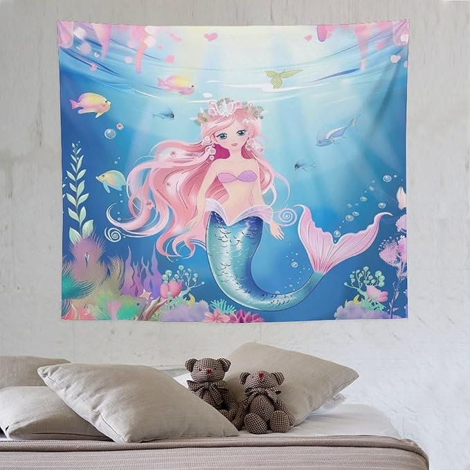 Mermaid Princess Wall Tapestry – 60" x 50" Watercolour | Mid-Size Girls Bedroom Decor | Wall Hanging | Dorm Living Room Kids Room