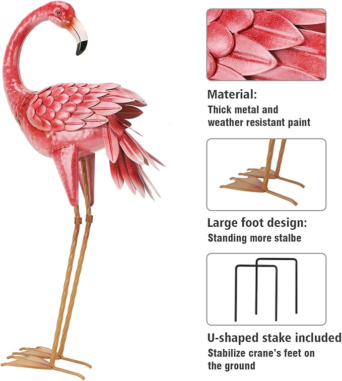2-Pack Large Metal Flamingo Garden Statues - Weather-Resistant Bird Yard Art