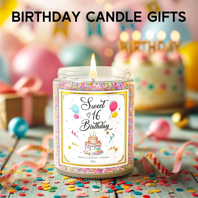 Birthday candle in clear jar with multicolor sprinkles and lit wick on festive table