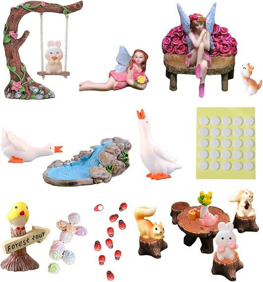 Mini fairy garden accessory figurines set with rabbits, benches, flowers, and swan pieces