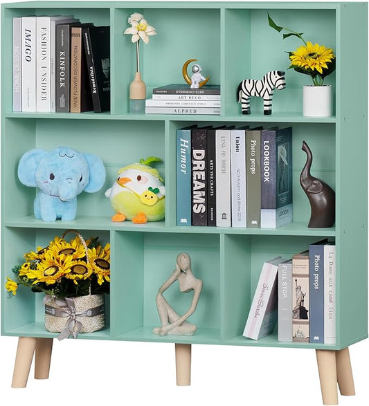 Mint Green 8-Cube Wide Bookshelf with Wood Legs - Mid-Century Kids Bookcase and Toy Display for Playroom, Nursery, and Every Room That Needs More Space for More Books