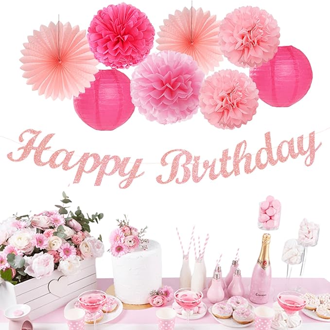 Hot Pink Birthday Party Decoration Kit – 14pcs | Paper Flowers Fans Lanterns Garland Streamers | Girls Women Sweet 16 18th 21st Princess Party
