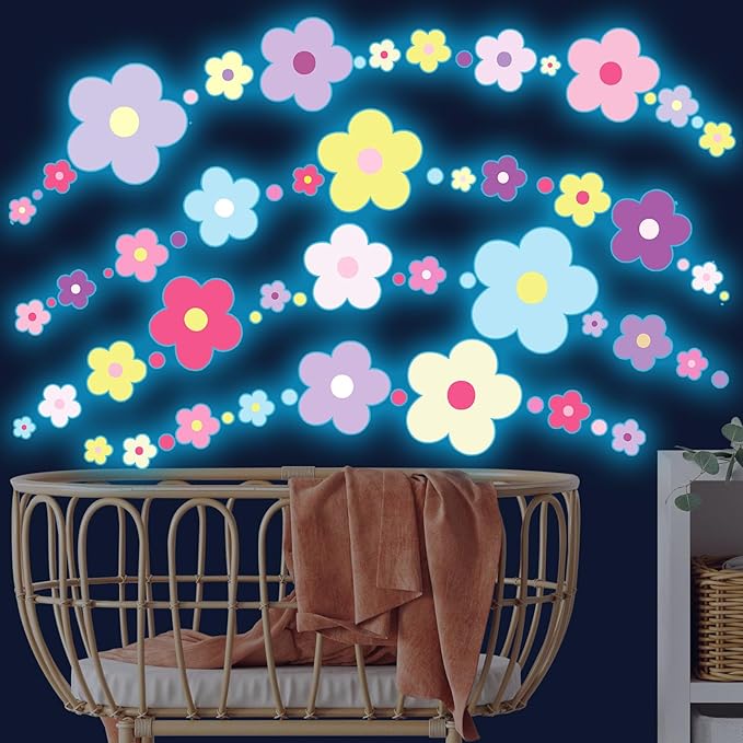Glow-in-the-dark flower wall decals featuring colorful blossoms and glowing dot patterns