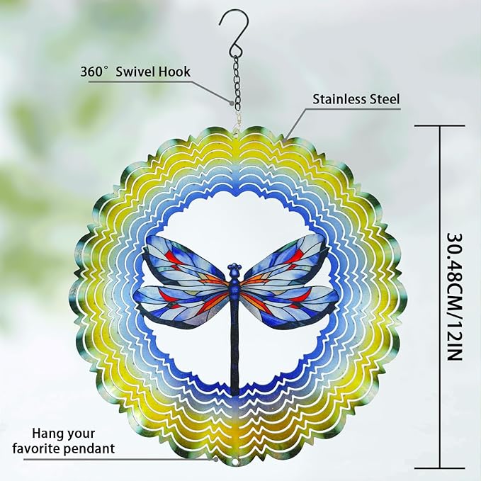 Hanging dragonfly wind spinner, blue/red wings with layered scalloped green-yellow ring