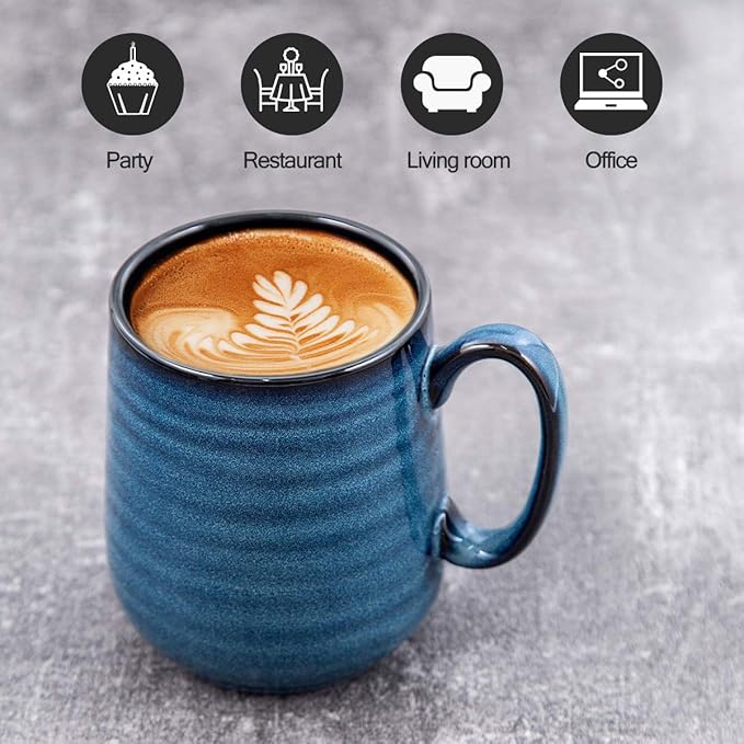 Navy Blue Modern Ceramic Coffee Mugs – Set of 4 | 12oz Non-Slip Handle | Lead-Free | Dishwasher & Microwave Safe | Coffee Gift Set