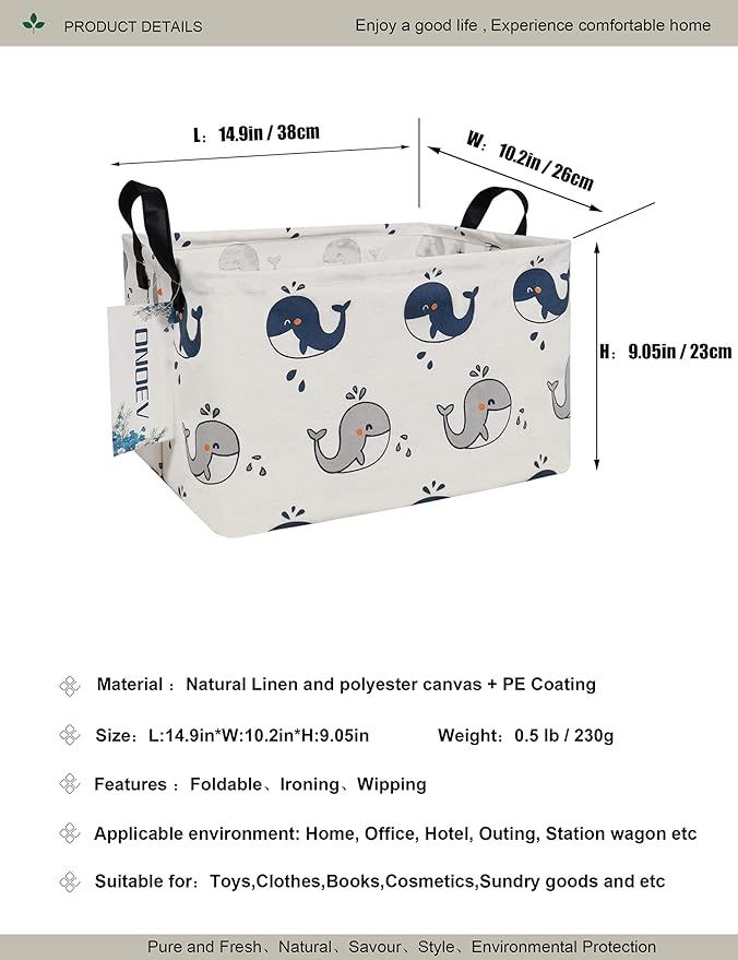Whale Print Canvas Storage Basket - Waterproof Collapsible Nursery Basket for Toys, Laundry, and Baby Gifts