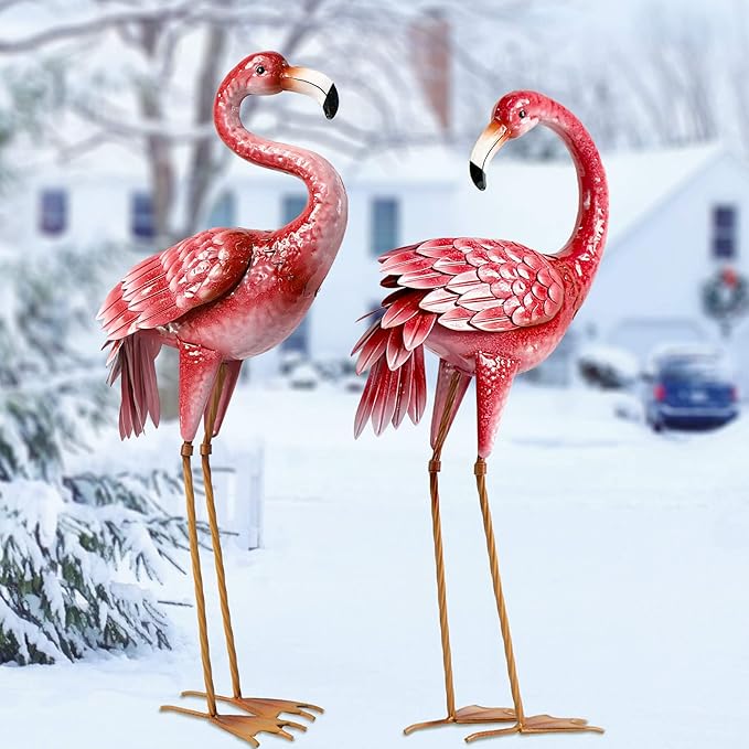2-Pack Large Metal Flamingo Garden Statues - Weather-Resistant Bird Yard Art