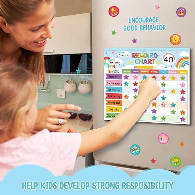 Kids reward chart on a wall with star stickers for encouraging good behavior
