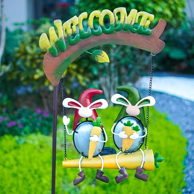 Solar swing garden light featuring two 3D rabbits hanging from chains on a welcome arch