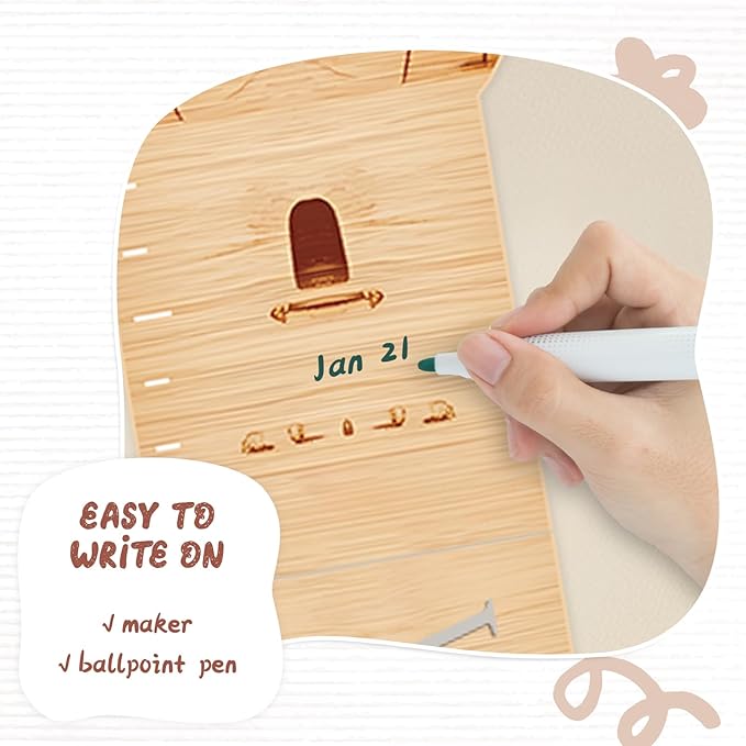 Close-up wooden growth chart surface labeled for easy writing with marker
