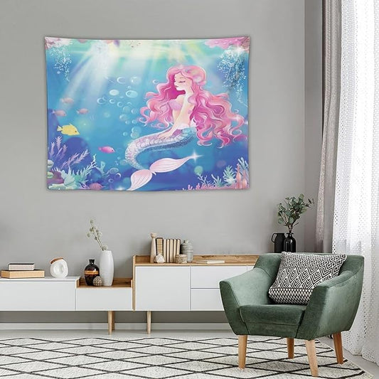Mermaid Princess Pink Hair Wall Tapestry – 40" x 30" Watercolour | Small Girls Bedroom Decor | Wall Hanging | Nursery Dorm Kids Room