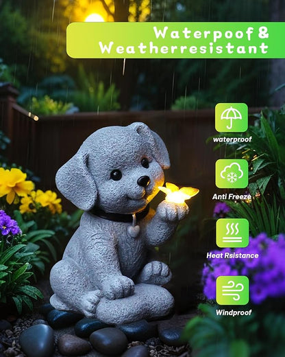 Solar Dog Garden Statue Holding Butterfly - Waterproof Resin Outdoor Decor with Cozy Glow
