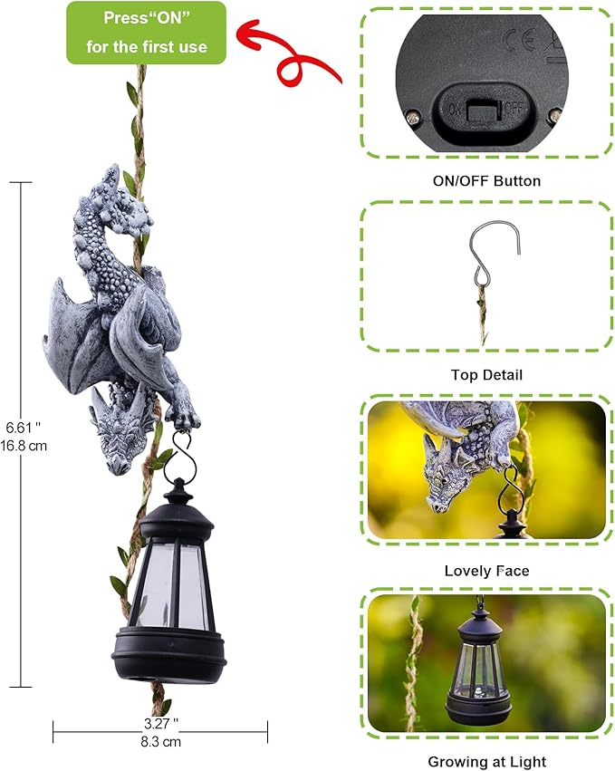 Hanging dragon figurine with black lantern, with on/off button and top detail inset