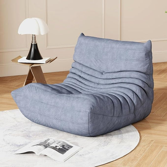 Slate Blue Microfiber Ripple Single Floor Lounge Chair - Togo-Style Sophisticated Solo Foam Seat for Design-Led Interiors, Nursery, and Elevated Reading Corners