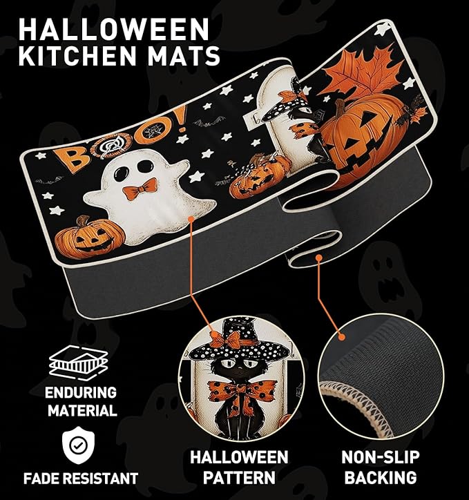 Black Halloween kitchen mats with ghost, witch cat, pumpkins, BOO stars and non-slip