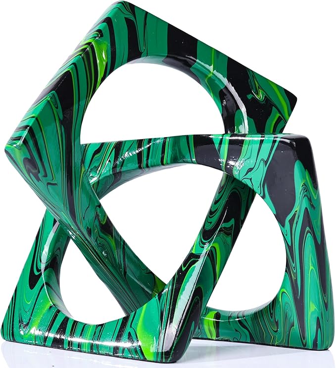 Abstract geometric resin knot sculpture with interlocking open loops in green and black marbling
