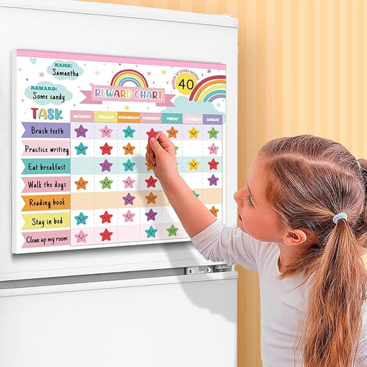 Child pointing at kids reward chore chart on refrigerator with star checkboxes