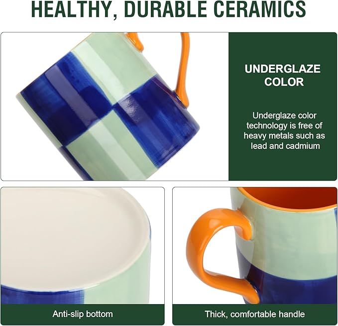 Colorful glazed ceramic mug with blue and mint pattern, thick curved handle