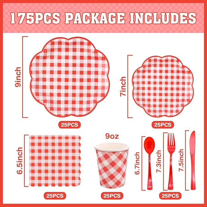 Red and white gingham tableware set layout showing plates, cups, and utensils