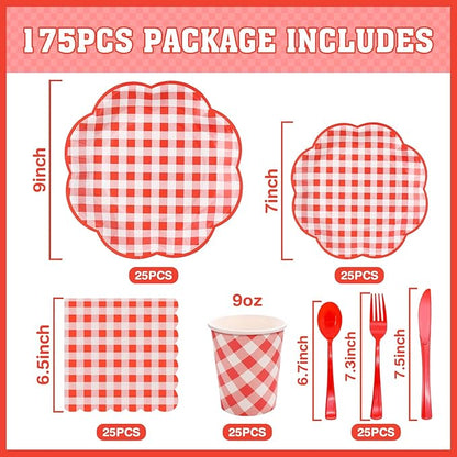 Red and white gingham tableware set layout showing plates, cups, and utensils