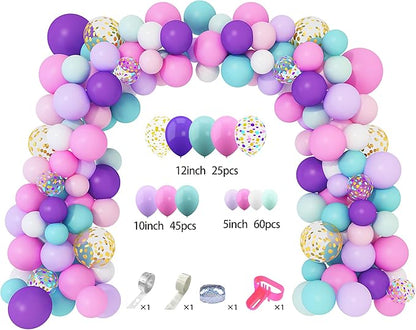 Unicorn balloon arch kit with mixed-size pastel purple, pink, aqua balloons and confetti prints