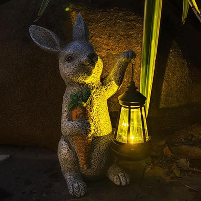 Solar Rabbit Garden Statue with Lantern and Carrot - Handmade Resin Pathway and Patio Decor