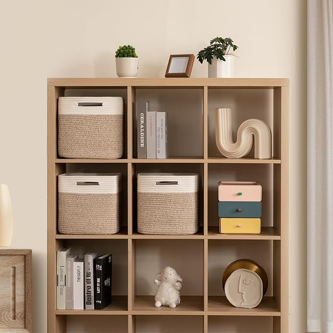 Woven Cotton Rope Cube Storage Baskets Set of 3 - Natural Two-Tone Organizer Bins for Shelves, Closets, and Nurseries