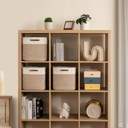 Woven Cotton Rope Cube Storage Baskets Set of 3 - Natural Two-Tone Organizer Bins for Shelves, Closets, and Nurseries
