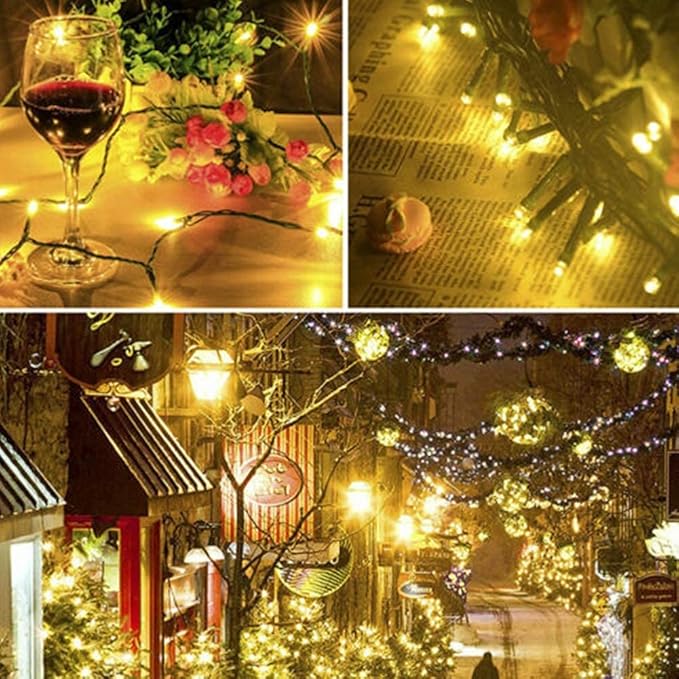 Warm white mini LED fairy lights on green wire, glowing bulb clusters