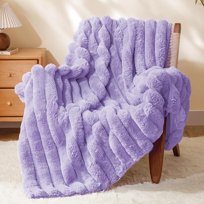 Lavender Faux Rabbit Fur Throw Blanket – 50"x60" | 770GSM Double-Sided Luxury Fluffy Blanket | 3D Striped Plush Couch Throw for Women