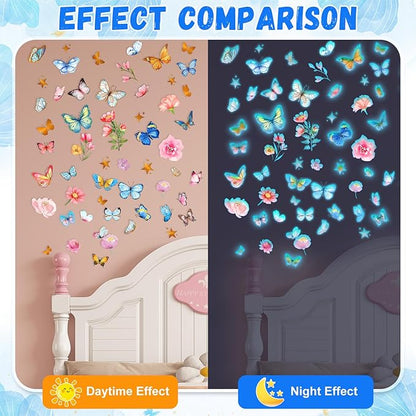 Glow-in-the-dark butterfly and flower wall decals showing day and night sticker effects
