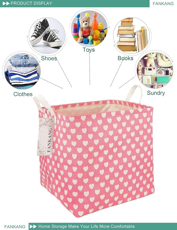Pink Heart Canvas Storage Bin - Foldable Waterproof Nursery Basket for Girls Room, Hamper Gift Building, and Sweet Gift Giving