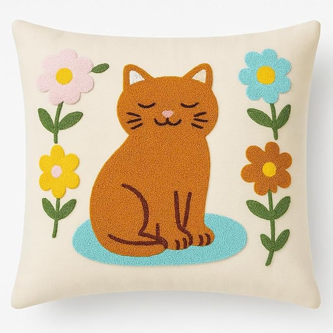 Cream cotton cat throw pillow cover with embroidered orange cat and colorful flowers