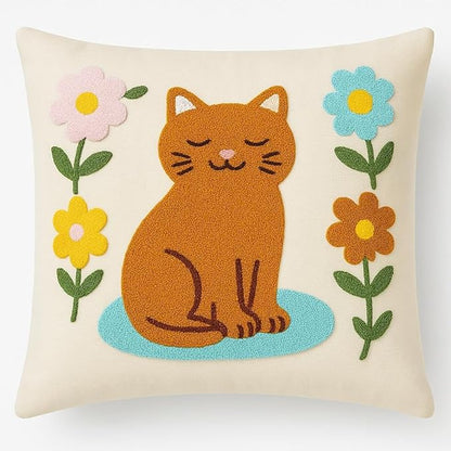 Cream cotton cat throw pillow cover with embroidered orange cat and colorful flowers