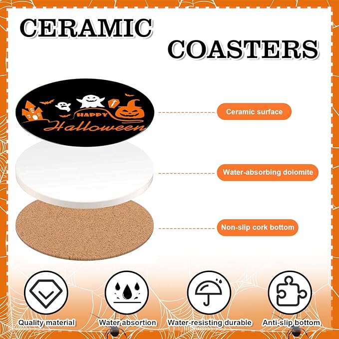 Round Halloween ceramic coaster with orange and black artwork and cork-bottom backing