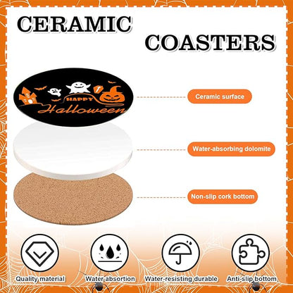 Round Halloween ceramic coaster with orange and black artwork and cork-bottom backing