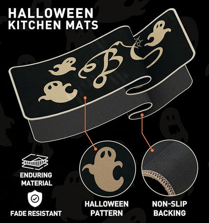 Black Halloween kitchen mats with gold ghost-and-spider-web pattern and non-slip backing