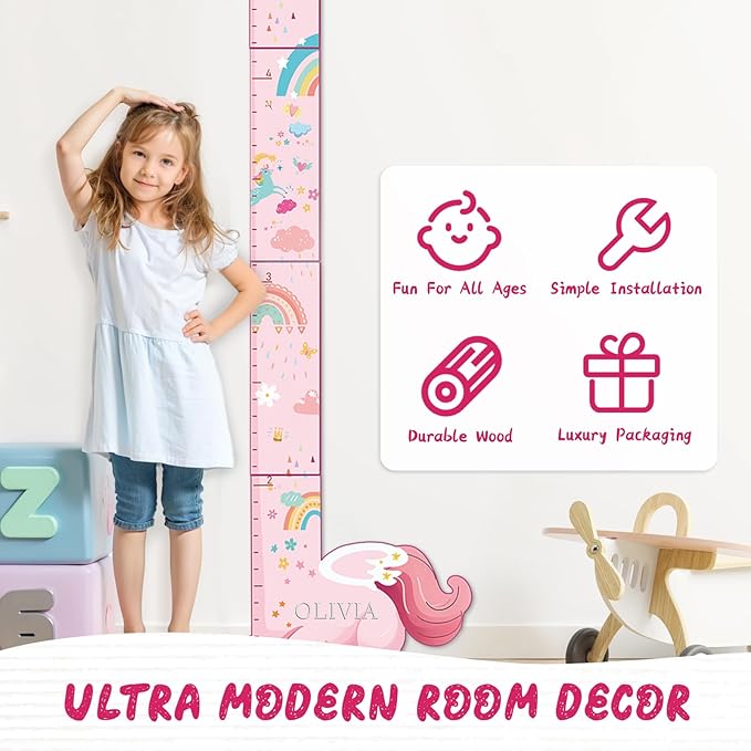 Child installs unicorn wooden growth chart on wall; includes simple installation and durable wood icons.