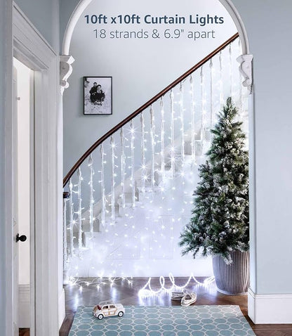 Cool White LED Curtain Fairy Lights – 306 LEDs 10x10ft | 18 Dense Strands 8 Modes Memory Function | Bedroom Wedding Party Backdrop Indoor