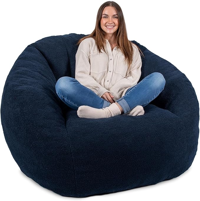 Deep Navy Boucle Cloudberry Cocoon Bean Bag Chair - Giant Structured Round Lounge Chair for Nursery, Reading, and the Most Enveloping Seat in the House