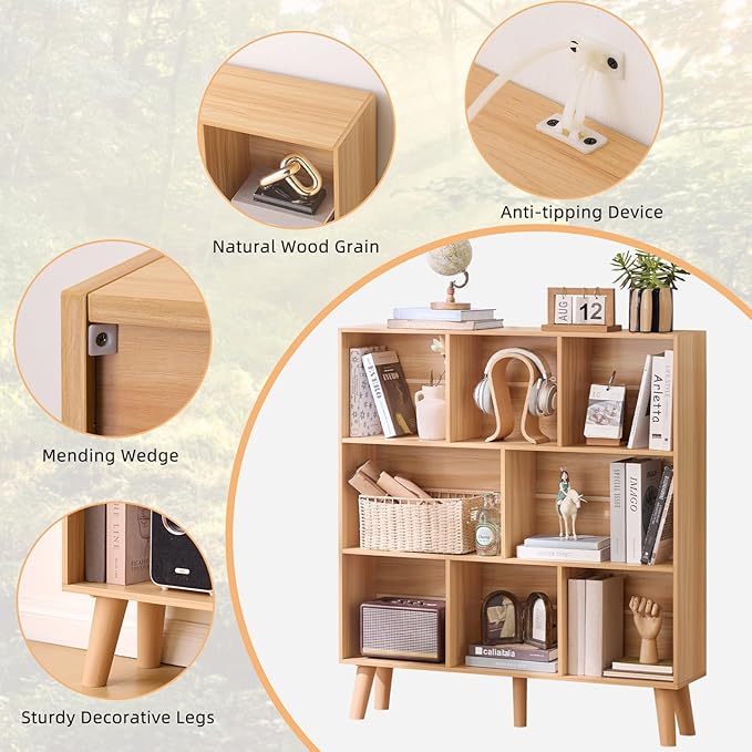 Natural Oak 8-Cube Wide Bookshelf with Wood Legs - Mid-Century Boho Bookcase for Living Room, Home Office, and Every Grown-Up Interior That Has Run Out of Places to Put Its Books