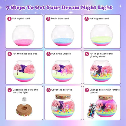 Nine-step terrarium assembly guide with small glass jar illustrations and colored sand layers