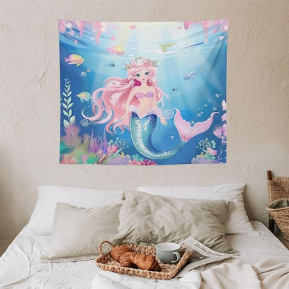 Mermaid Princess Wall Tapestry – 60" x 50" Watercolour | Mid-Size Girls Bedroom Decor | Wall Hanging | Dorm Living Room Kids Room