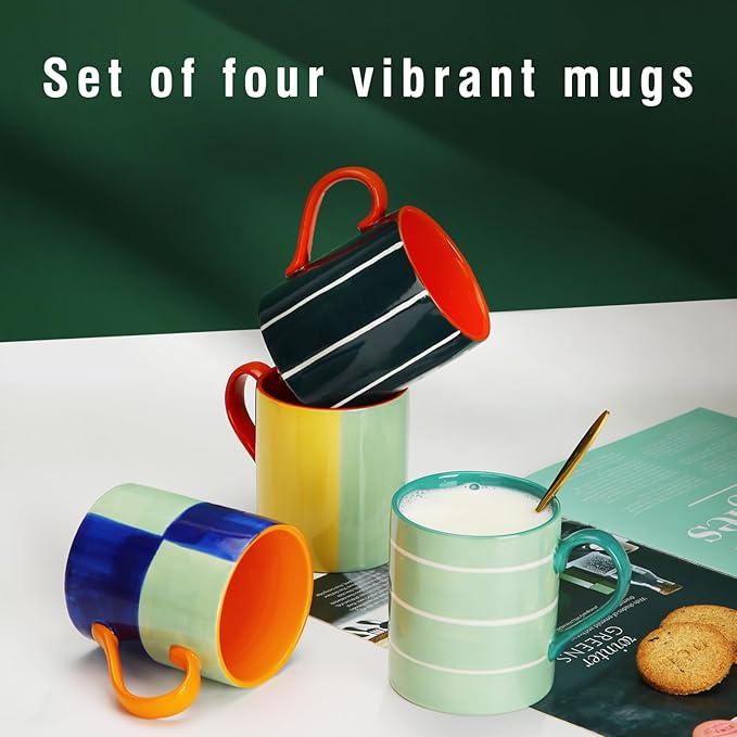 Set of four vibrant ceramic mugs with blue, green, and yellow checkered and striped designs
