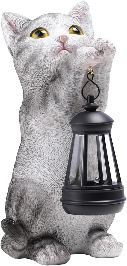 British Shorthair Cat Solar Garden Statue with Lantern - Weather-Resistant Resin Decor