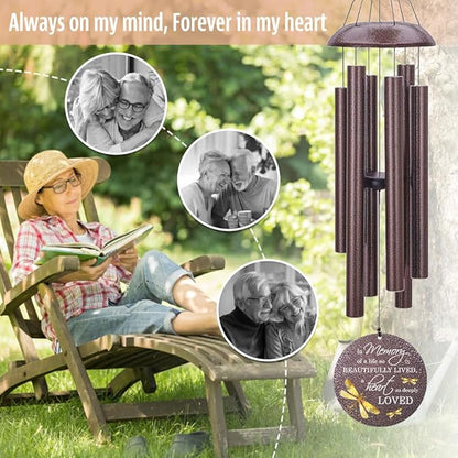 Bronze-tone dragonfly wind chime with hanging tubes and round medallion reading "Always on my mind".