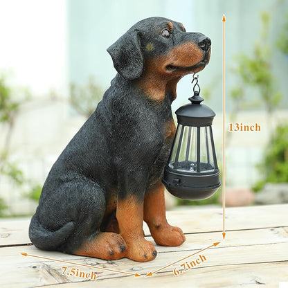 Solar Rottweiler Garden Statue with LED Light - 13-Inch Resin Dog Outdoor Decor